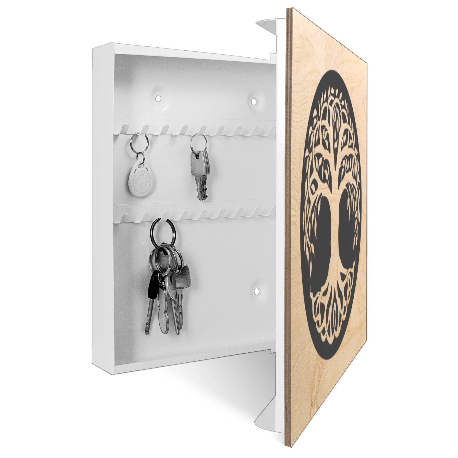 Weißer Banjado Schlüsselkasten aus Holz mit Lebensbaum-Motiv, 30x30cm, für 50 Schlüssel.