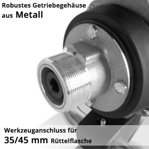 Detailaufnahme STAHLWERK Betonrüttler: Metall-Getriebegehäuse und Werkzeuganschluss für Rüttelflasche.
