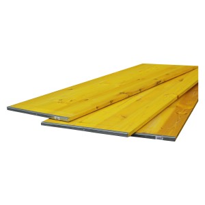 Gelbe Mehrzwecktafel aus Kiefernholz, imprägniert, mit Kantenschutz für Schalungsarbeiten.