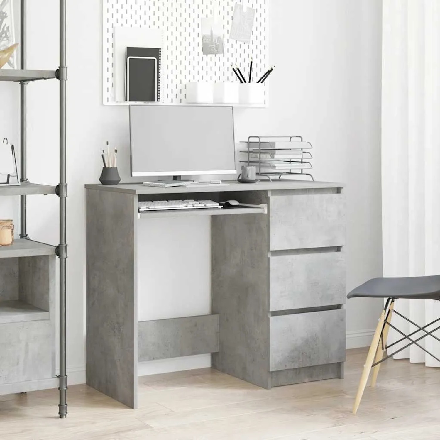 Betongrauer Schreibtisch vidaXL mit drei Schubladen, 90x45x76 cm.
