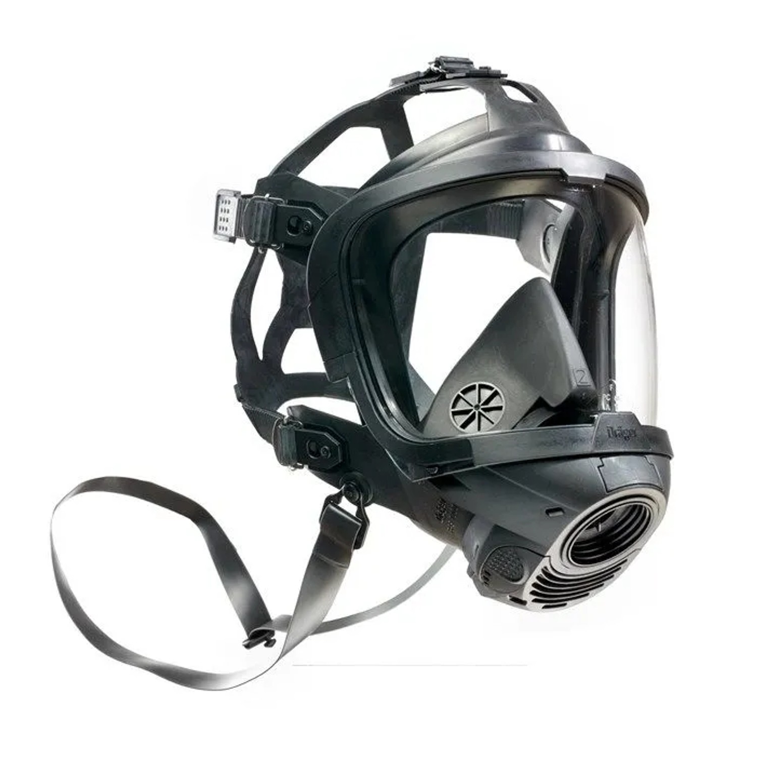 Schwarze Dräger Atemschutzvollmaske FPS 7000 mit klarer Polycarbonat-Sichtscheibe und Kopfbänderung für Atemschutz.