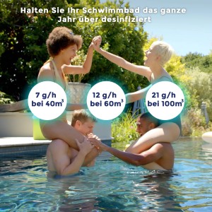Poolszene mit Personen im Wasser, die die Leistung der Gre Salzelektrolyseanlage demonstrieren.