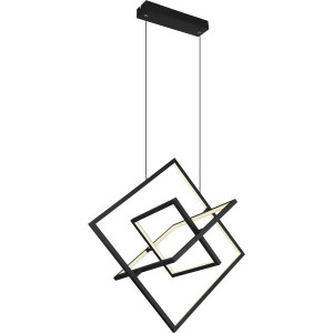 Moderne LED-Pendelleuchte, schwarz matt, mit drei quadratischen Leuchtelementen.
