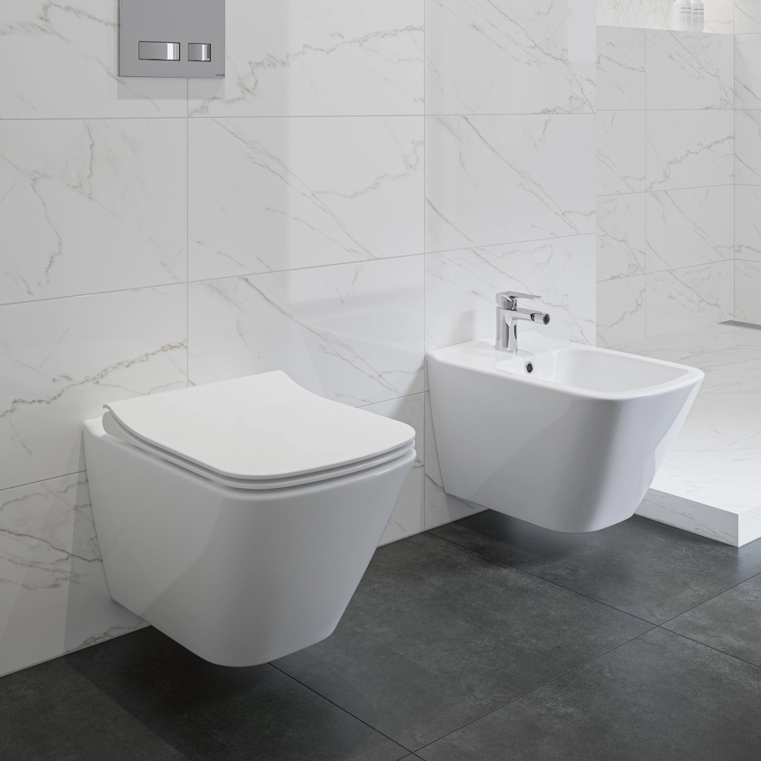 Weißes, spülrandloses baliv Wand WC-Set Hampton mit Tiefspüler und Bidet im modernen Bad.