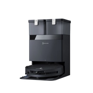 ECOVACS DEEBOT T50 OMNI Saug- & Wischroboter mit All-in-One Station. Dunkelgrauer Reinigungsroboter und Ladestation.