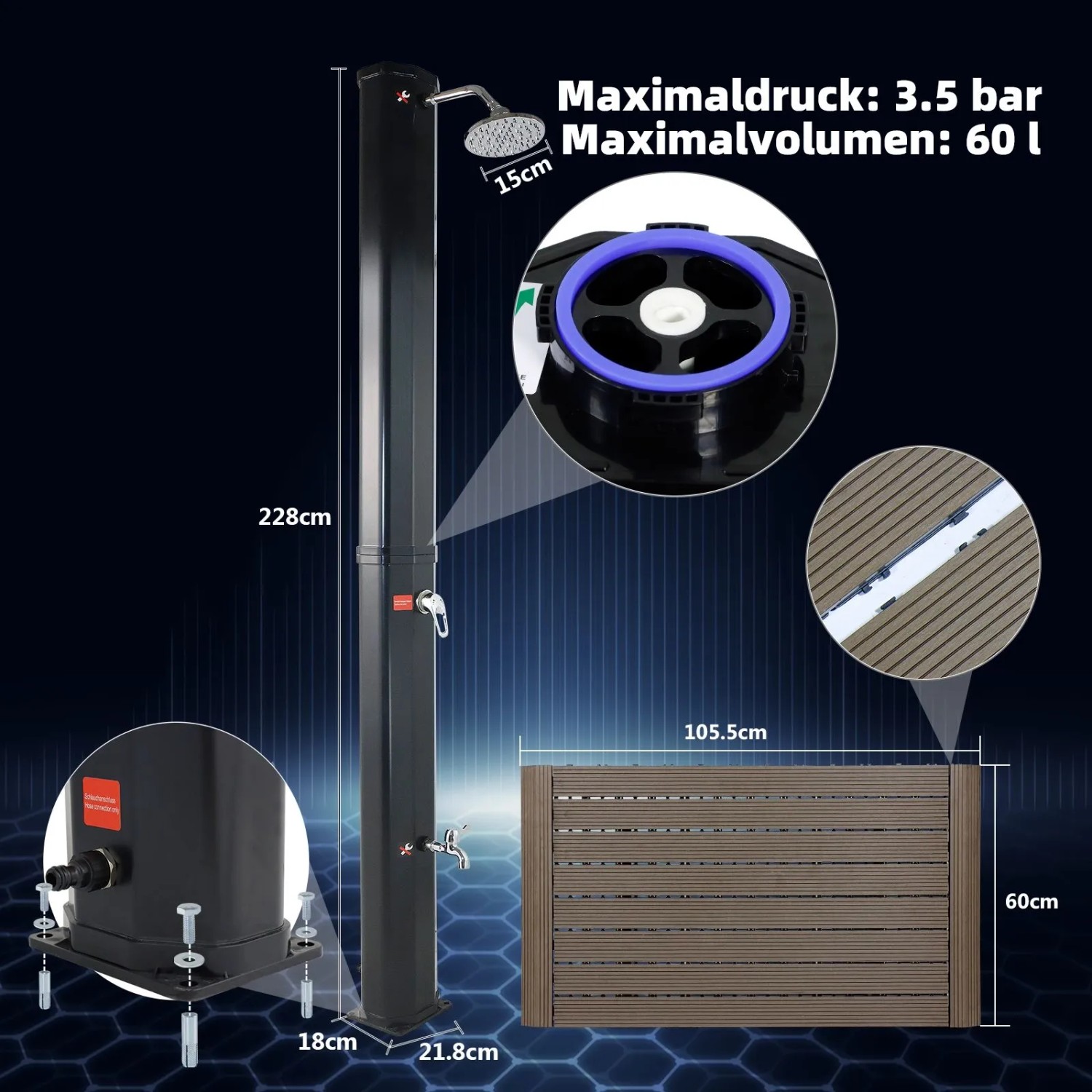 CCLIFE Solardusche Gartendusche 60L mit Kunststoffboden und Handbrause_5