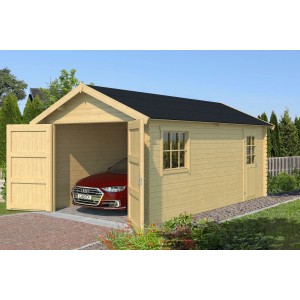 Lasita Garage Dillon, 300x540 cm, unbehandelt. Holzgarage mit offenem Tor und Auto.