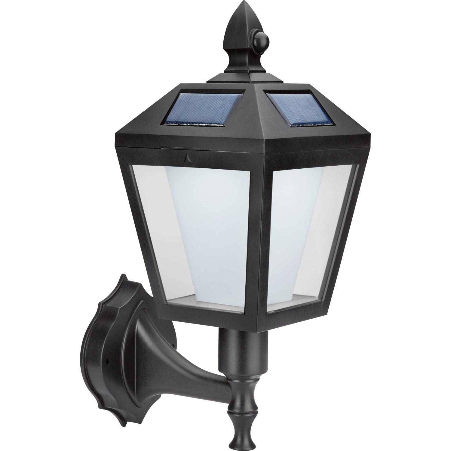 Schwarze Solar-LED-Außenleuchte im Laternen-Design, geeignet als Wand- oder Stehleuchte.