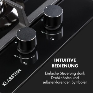 Klarstein Ignito Domino Gaskochfeld: Schwarze Glaskeramik mit zwei Drehknöpfen und Flammen-Symbolen für intuitive Steuerung.