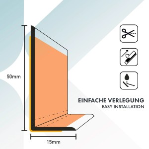 Profil einer weißen, selbstklebenden KARAT Sockelleiste Oslo mit Maßangaben.