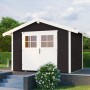 Anthrazitfarbenes weka Gartenhaus 122 mit Satteldach und weißer Doppeltür im Garten.