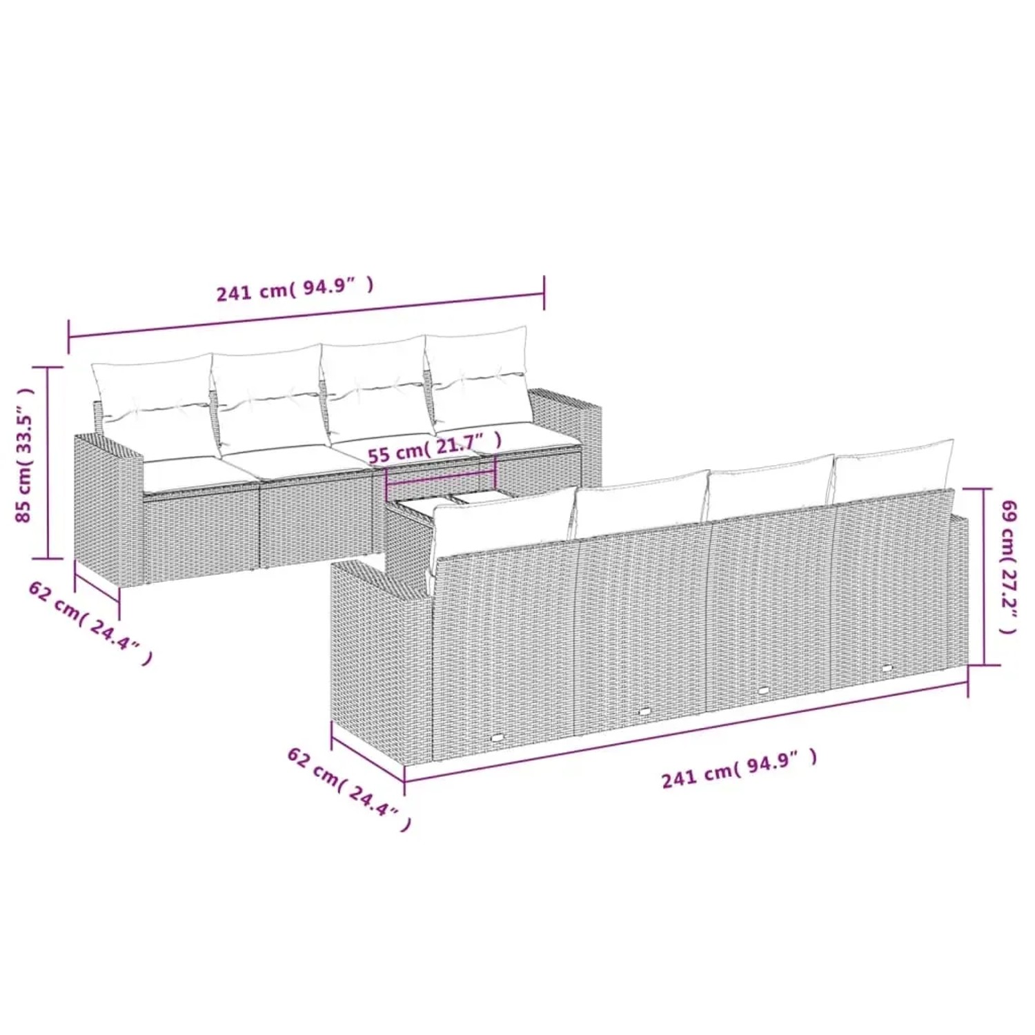 vidaXL 9-tlg. Garten-Sofagarnitur, schwarz, Poly Rattan, mit Maßangaben.