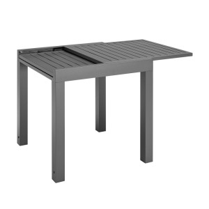 Ausziehbarer, grauer Juskys Gartentisch Laki 70x70 cm aus Aluminium, teilweise ausgezogen.