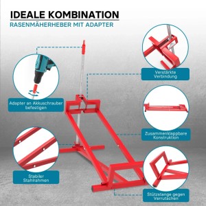 Rote Wiltec Hebevorrichtung für Rasenmäher/Rasentraktor, 400kg, mit Adapter, klappbar, stabiler Stahlrahmen.