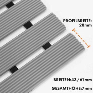 Detailaufnahme: Graue, antibakterielle KARAT Fußmatte mit Drainage, Profilbreite 28mm.