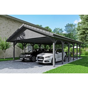 Satteldach-Carport Wallgau in Schiefergrau mit zwei parkenden Autos und Dachlattung.