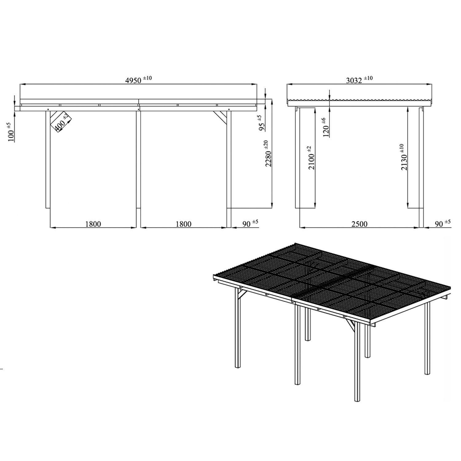 Skizze und 3D-Ansicht: Flachdach-Einzelcarport aus Holz, 495x303x228 cm, mit Maßangaben.