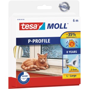Verpackung Tesamoll Fensterdichtung P-Profil, 6m, weiß. Dichtungsprofil und Katze am Fenster dargestellt.