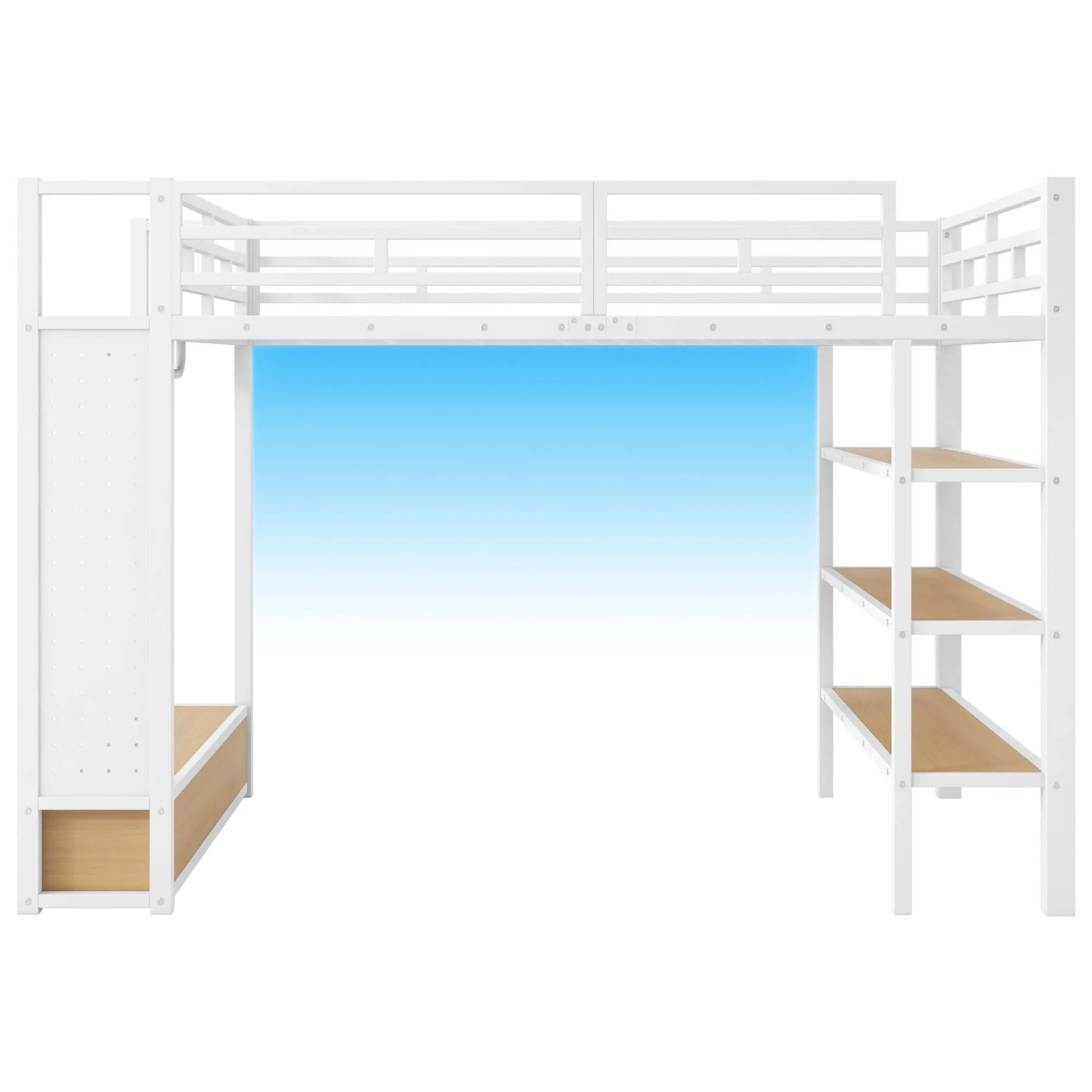 Merax Metall Hochbett 140x200 cm Mit Offenem Kleiderschrank Ablagefächern Lochwand LED Weiß