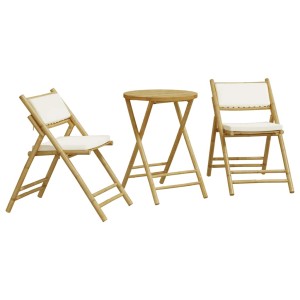 Klappbares 3-tlg. Bistro-Set aus Bambus mit cremeweißen Kissen für Garten, Balkon oder Terrasse.