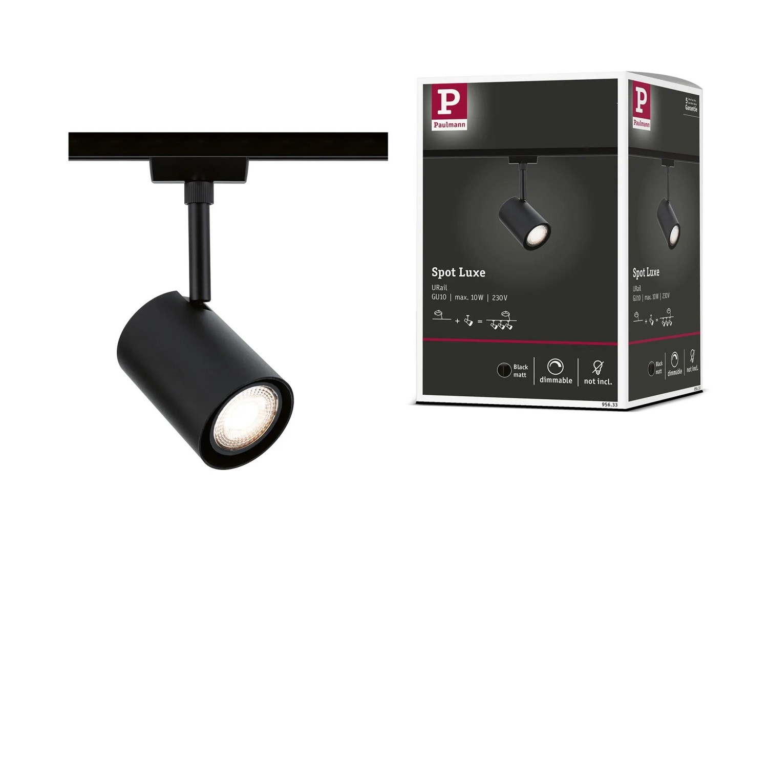 Paulmann URail Schienenspot Luxe schwarz matt, zylindrisch, leuchtend, mit Produktverpackung. LED-Schienensystem.