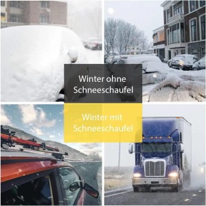 Collage: Winterbilder mit und ohne Schneeschieber. Costway Dachschneeräumer.