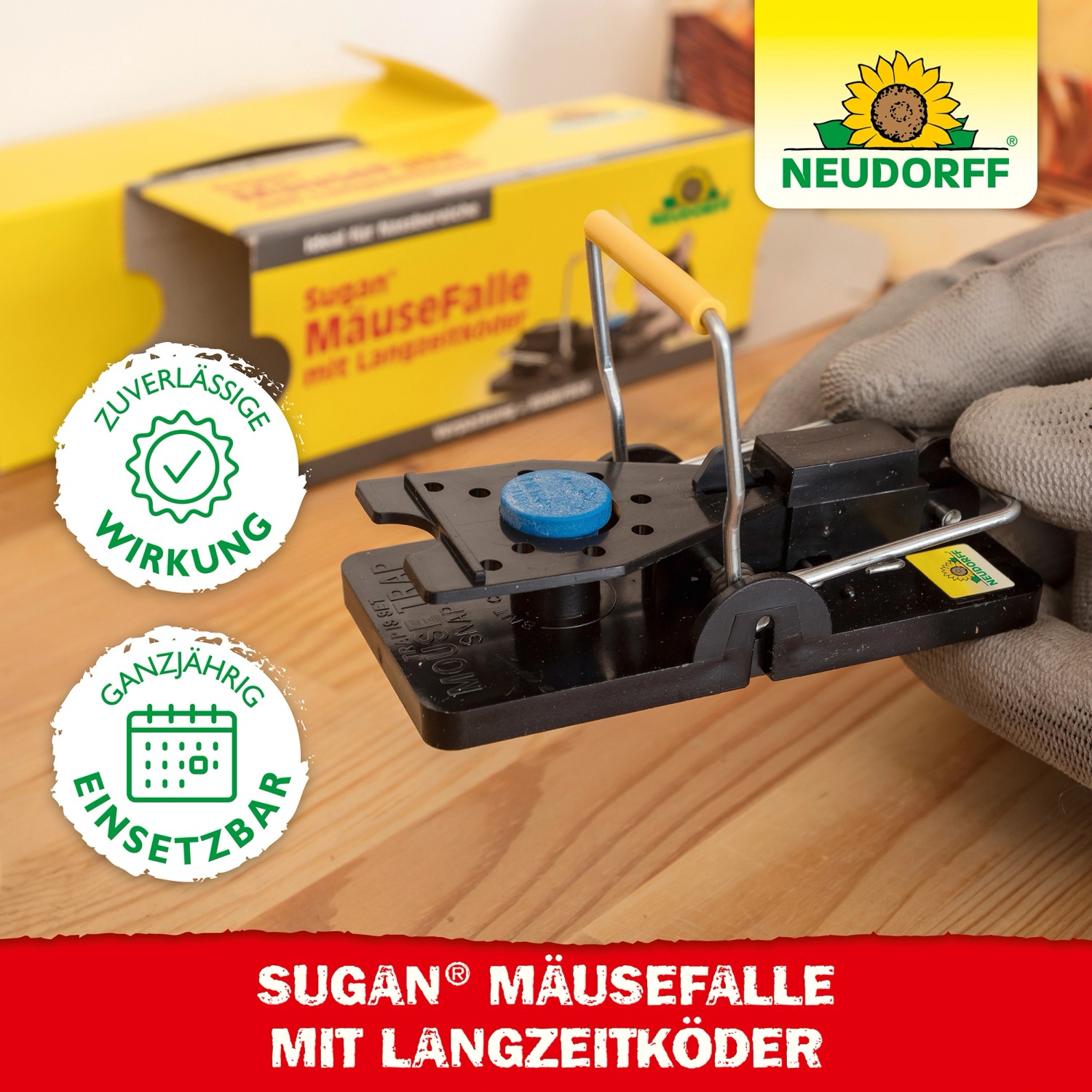 Neudorff Sugan Mäusefalle mit Langzeitköder, aus Kunststoff und Stahl. Zuverlässige Wirkung zur Schädlingsbekämpfung.