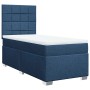 Blaues Boxspringbett (90x200 cm) mit Matratze und Kopfteil. Stoffbezug.