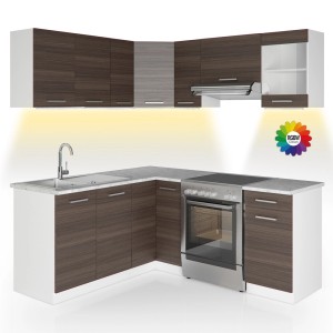 Eckküche Rick in Weiß/Edelgrau mit Marmor Arbeitsplatte und LED-Beleuchtung.