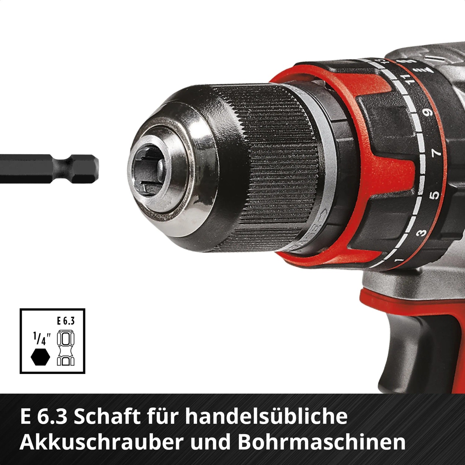 Detailaufnahme: Einhell Bit-Set mit Akkuschrauberaufnahme. Schraubenzieher Zubehör für Bohrmaschinen.