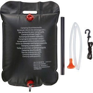Schwarze Camping-Duschtasche 20L aus PVC mit Zubehör zum Aufhängen.