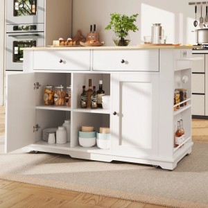 Weiße, mobile Kücheninsel mit Holz-Arbeitsplatte, Schubladen, Schränken und Steckdosenleiste. Viel Stauraum für die Küche.