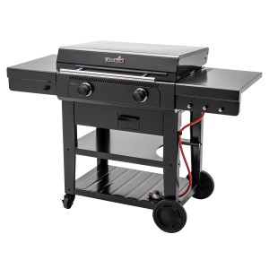 Schwarzer Char-Broil Versa-Tile Gasgrill mit Grillfläche, Ablagen und Rädern.