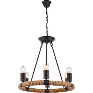 Schwarze Globo Pendelleuchte ULLEU mit Hanfseil-Ring und sechs Leuchtmitteln.