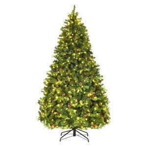 Grüner künstlicher Weihnachtsbaum 210 cm mit warmweißen LED-Lichtern, Kiefernzapfen und Klappsystem auf Metallständer.