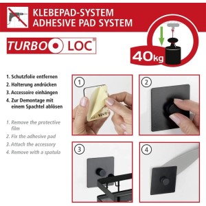 Wenko Turbo Loc Klebepad-System: 4-Schritte-Anleitung zur bohrfreien Wandmontage, hält bis 40kg. Einfache Befestigung.