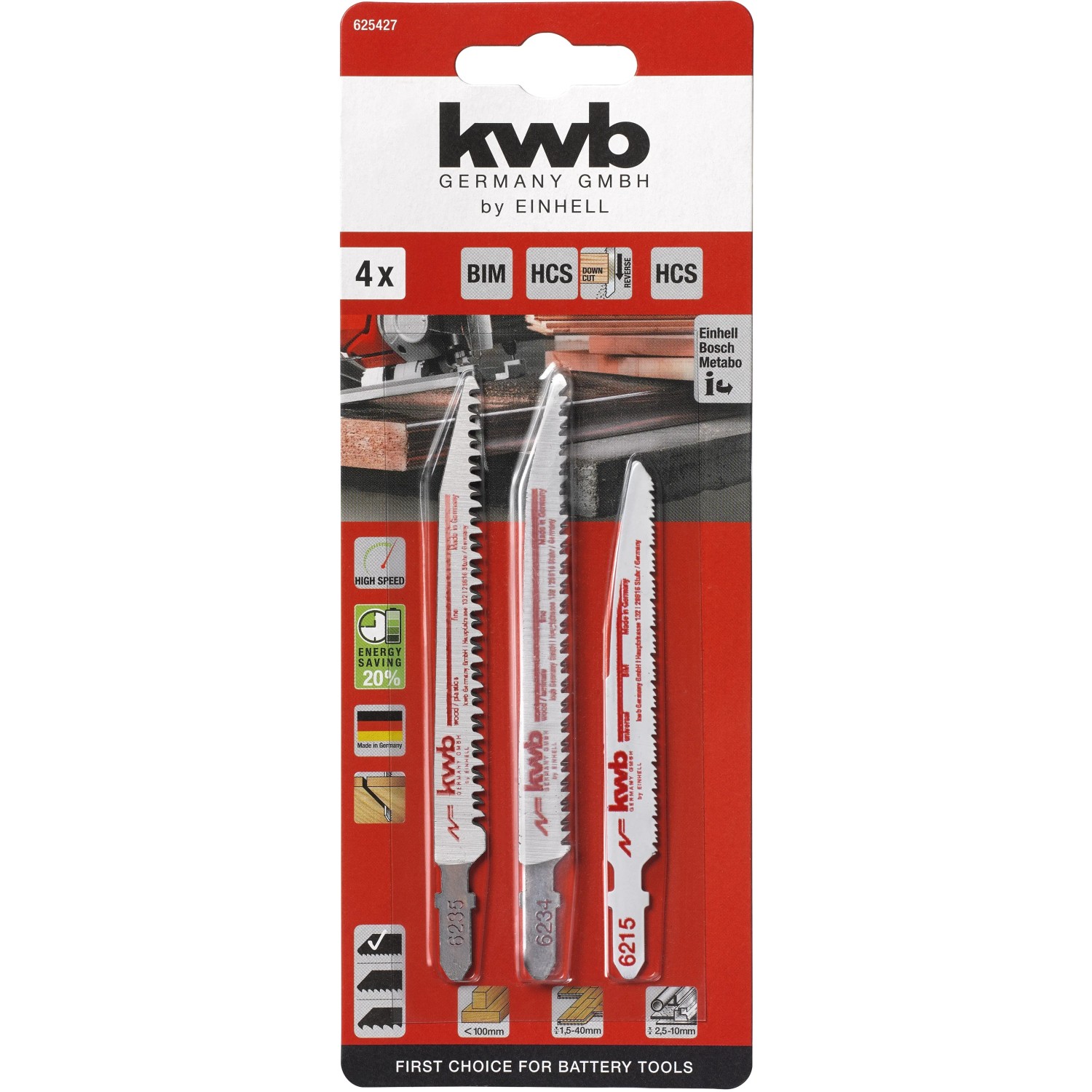 kwb by Einhell Stichsägeblätter Set, 4-teilig, für Holz und Metall, Akku-optimiert.