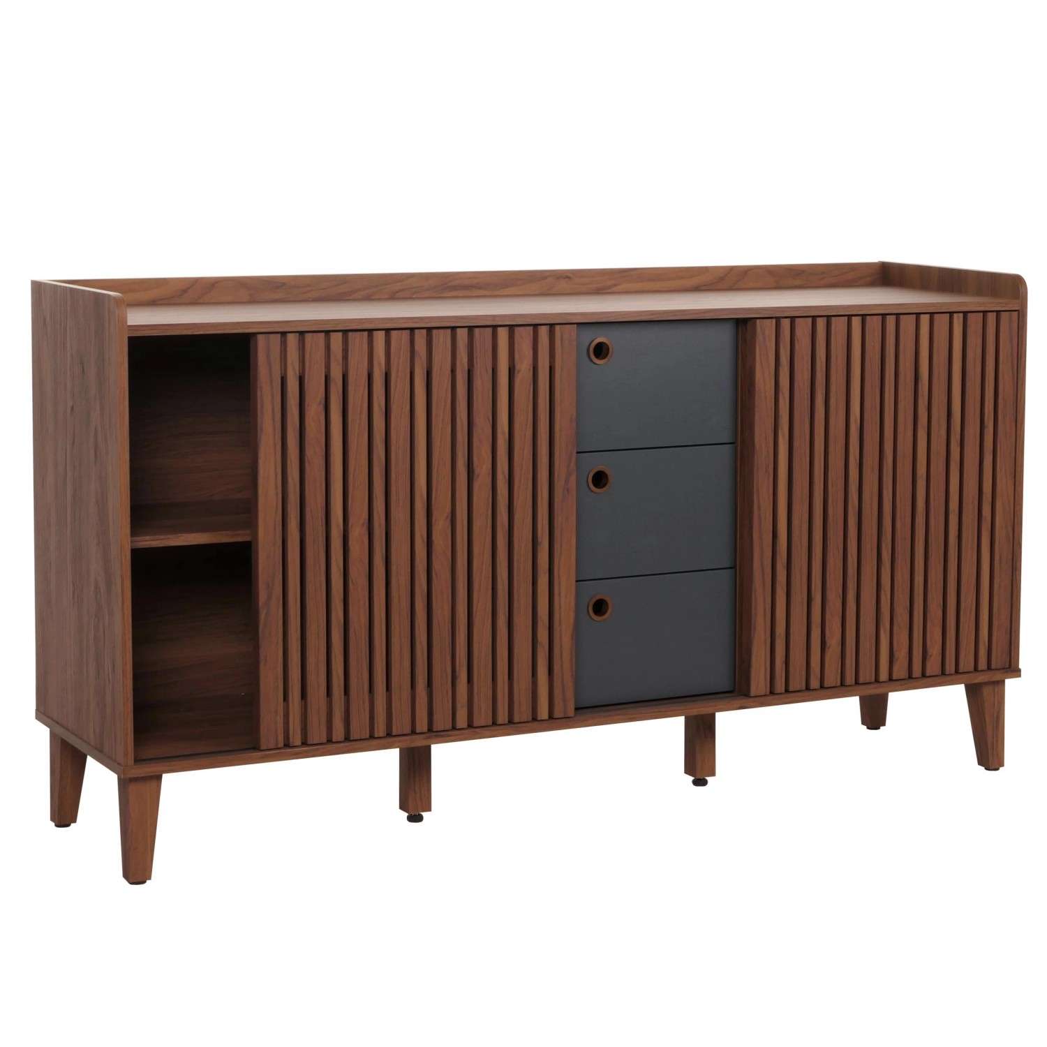 MCW Sideboard M48 Walnuss-Optik Schubladen Dunkelgrau