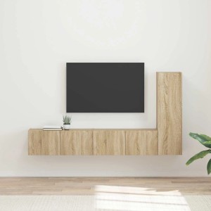 Wandmontiertes TV-Schrankset Sonoma-Eiche aus Holzwerkstoff. Modernes Lowboard mit Türen und vertikalem Schrank.
