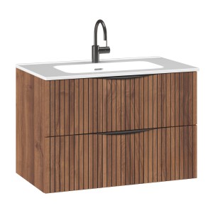 Randal Badmöbel Sakai, 80 cm, Nussbaumholz mit Waschbecken und zwei Schubladen.