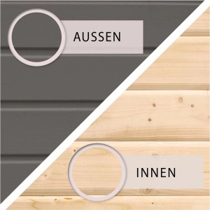 Detailansicht: Karibu Gartenhaus Kumla, terragrau lackiert (Außen) und Naturholz (Innen).
