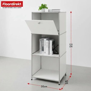 Weißes Floordirekt Metallregal Concept Epure MK-107 mit 4 Ebenen, 1 Fach verschließbar. Maße 50x40x121 cm.