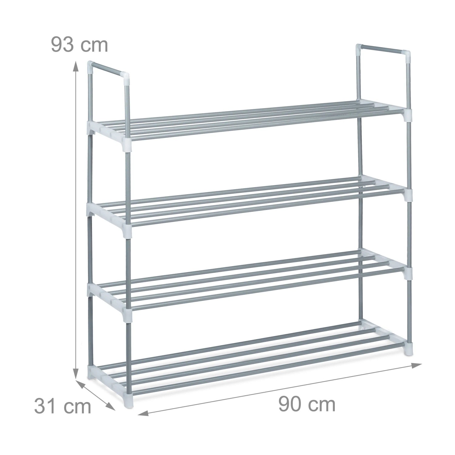 Silbernes Relaxdays Schuhregal aus Metall mit 4 Ebenen (93x90x31cm) für bis zu 16 Schuhe.