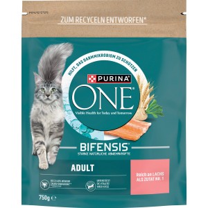 Purina One Katzenfutter Adult Lachs, 750g Beutel. Trockenfutter für ausgewachsene Katzen mit Lachs.