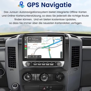 Junsun 10 Zoll Autoradio mit GPS Navigation im Armaturenbrett eines Sprinter/Crafter. Zeigt Routenkarte.