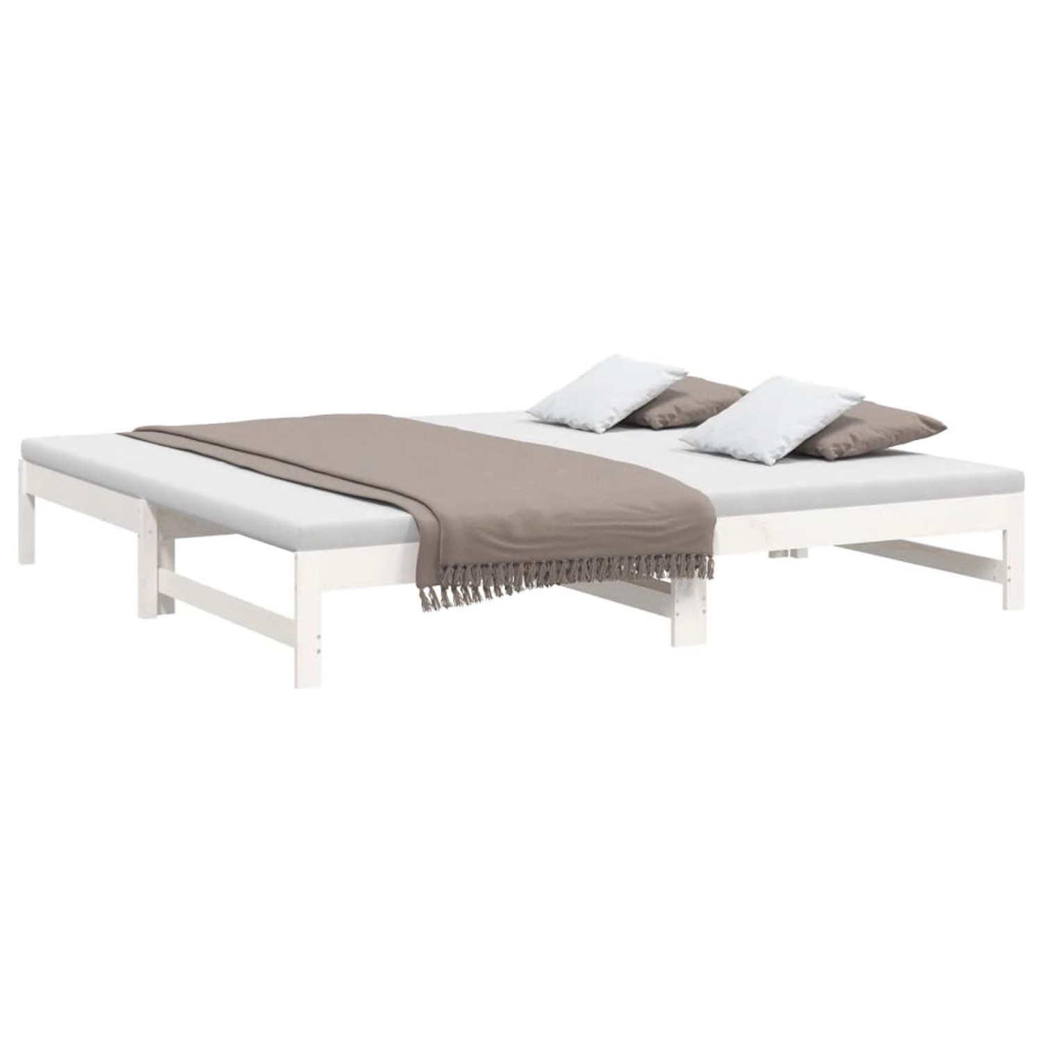 Ausgezogenes, weißes vidaXL Tagesbett aus Kiefernholz mit Decke und Kissen.