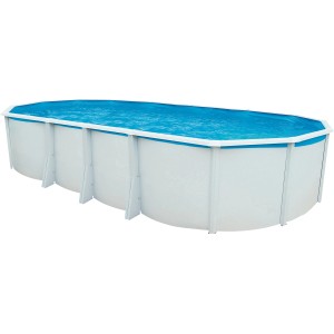 Ovaler Steinbach Stahlwand-Pool Highline, 730x366x132 cm, mit blauem Wasser und weißer Stahlwand.