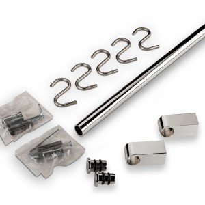 SOTECH Küchenreling Set: 600mm Chrom Rohr, 5 S-Haken, Halterungen & Montagezubehör. Glänzend poliertes Metall.