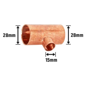 Löt-Reduzier-T-Stück aus Kupfer, 28 mm x 15 mm x 28 mm für Kupferleitungen.