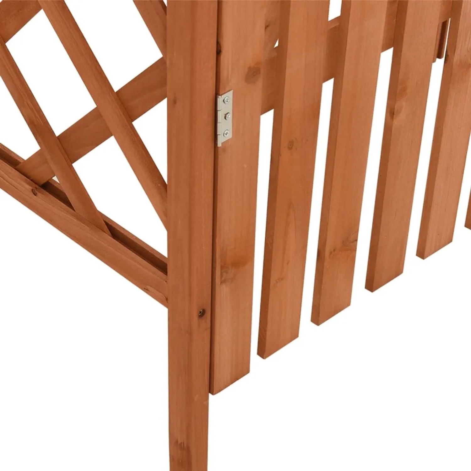 Detailansicht der Holz-Pergola mit Tor von vidaXL, Tanne massiv, für Rankpflanzen im Garten.